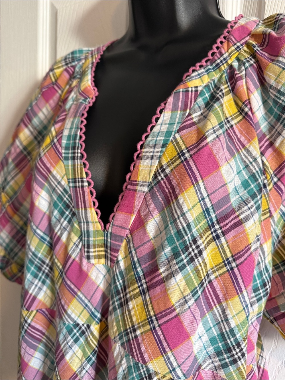 Betsey Johnson Pink, Yellow & Green Plaid Tiered Dress - Picture 3 of 6